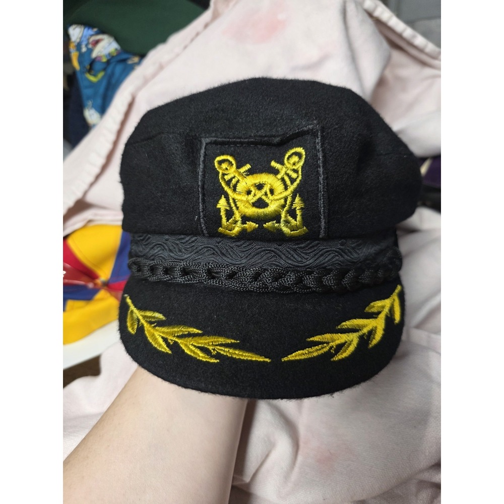 Authentic Greek Fisherman's Cap 7 1/2 Black Wool Gold Embroidered Captain Hat
